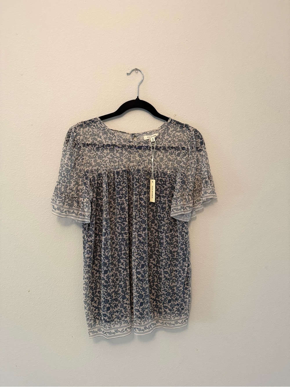 Max Studio Beige Floral Sheer Blouse with Navy Print